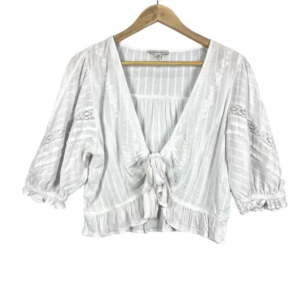 American Eagle V-Neck Gauzy Lace Tie-Front White Blouse Top BOHO L - Picture 3 of 14